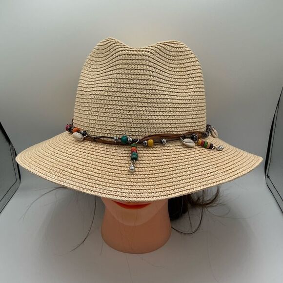 Beige Straw Fedora with Beaded Band - Picture 1 of 6